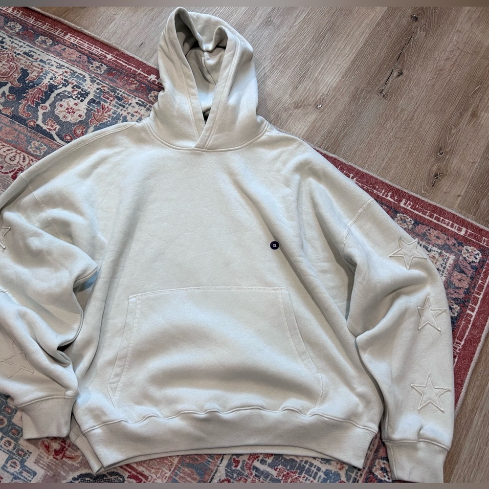 Hollister Star Sleeve Hoodie XL Oversized Cream Baggy Cinch Fit Sweatshirt NWT